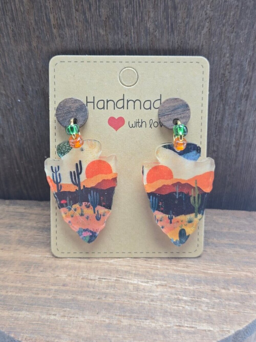 NWT Arrowhead Cactus Desert Earrings Pierced Southwest Acrylic Glass Beads OOAK